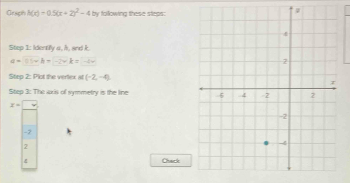 Graph h(x)=0.5(x+2)^2-4 by following these steps:
Step 1: Identify a, h, and k.
a=0.5vh=-2vk=-4v
Step 2: Plot the vertex at (-2,-4). 
Step 3: The axis of symmetry is the line
x= v
-2
2
4 Check