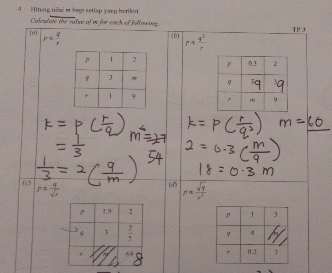 Hitung nilai m bagi setiap yang berikut.
Calculate the value of m for each of following.
TP 3
(a) p a  q/r  (b) palpha  q^2/r 
(c) palpha  q/sqrt(r) 
(d) palpha  sqrt(q)/r^3 