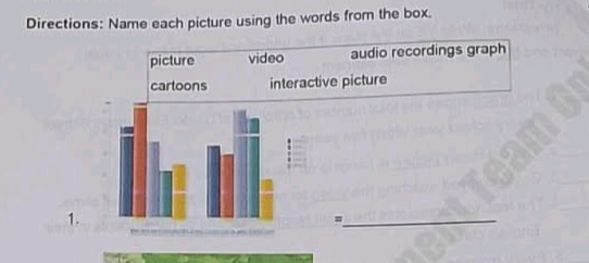 Directions: Name each picture using the words from the box. 
picture video audio recordings graph 
cartoons interactive picture 
1. 
_=