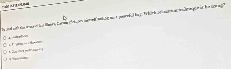 tu01it21t.05.040
To deal with the stress of his illness, Carson pictures himself sailing on a peaceful bay. Which relaxation technique is he using?
a. Biofeedback
b. Progressive relaxation
c. Cognitive restructuring
d. Visualization