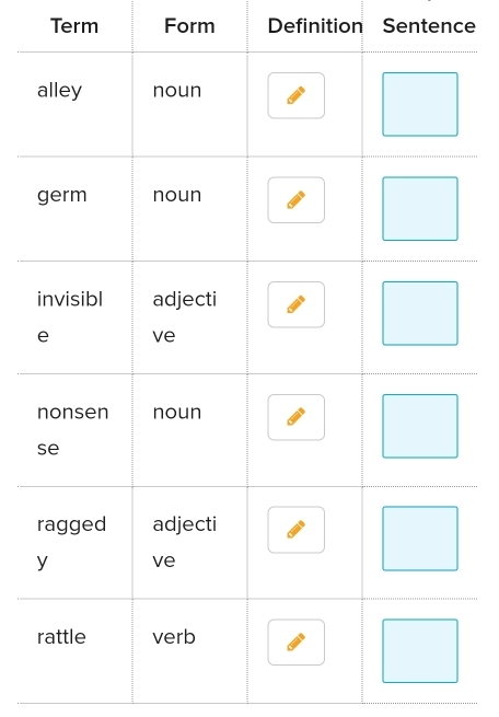 Term Form Definition Sentence