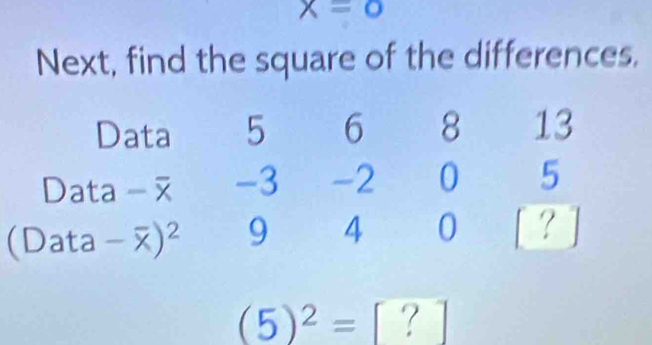 x=0
Next, find the square of the differences. 
Data 5 6 8 13
Data -3 -2 0 5
(D at -overline x)^2 9 4 0 ?
(5)^2= ? ]