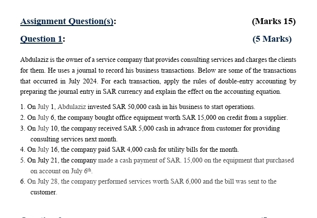 Assignment Question(s): (Marks 15) 
Question 1: (5 Marks) 
Abdulaziz is the owner of a service company that provides consulting services and charges the clients 
for them. He uses a journal to record his business transactions. Below are some of the transactions 
that occurred in July 2024. For each transaction, apply the rules of double-entry accounting by 
preparing the journal entry in SAR currency and explain the effect on the accounting equation. 
1. On July 1, Abdulaziz invested SAR 50,000 cash in his business to start operations. 
2. On July 6, the company bought office equipment worth SAR 15,000 on credit from a supplier. 
3. On July 10, the company received SAR 5,000 cash in advance from customer for providing 
consulting services next month. 
4. On July 16, the company paid SAR 4,000 cash for utility bills for the month. 
5. On July 21, the company made a cash payment of SAR. 15,000 on the equipment that purchased 
on account on July 6^(th). 
6. On July 28, the company performed services worth SAR 6,000 and the bill was sent to the 
customer.