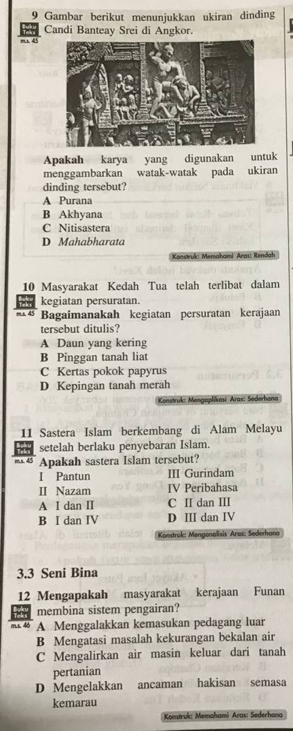 Gambar berikut menunjukkan ukiran dinding
Candi Banteay Srei di Angkor.
m.s. 45
Apakah karya yang digunakan untuk
menggambarkan watak-watak pada ukiran
dinding tersebut?
A Purana
B Akhyana
C Nitisastera
D Mahabharata
Konstruk: Memahami Aras: Rendah
10 Masyarakat Kedah Tua telah terlibat dalam
kegiatan persuratan.
m.s. 45 Bagaimanakah kegiatan persuratan kerajaan
tersebut ditulis?
A Daun yang kering
B Pinggan tanah liat
C Kertas pokok papyrus
D Kepingan tanah merah
Konstruk: Mengaplikasi Aras: Sederhana
11 Sastera Islam berkembang di Alam Melayu
setelah berlaku penyebaran Islam.
m.s. 45 Apakah sastera Islam tersebut?
I Pantun III Gurindam
II Nazam IV Peribahasa
A I dan II C II dan III
B I dan IV D III dan IV
Konstruk: Menganalisis Aras: Sederhana
3. 3 Seni Bina
12 Mengapakah masyarakat kerajaan Funan
membina sistem pengairan?
m.s. 46 A Menggalakkan kemasukan pedagang luar
B Mengatasi masalah kekurangan bekalan air
C Mengalirkan air masin keluar dari tanah
pertanian
D Mengelakkan ancaman hakisan semasa
kemarau
Konstruk: Memahami Aras: Sederhano