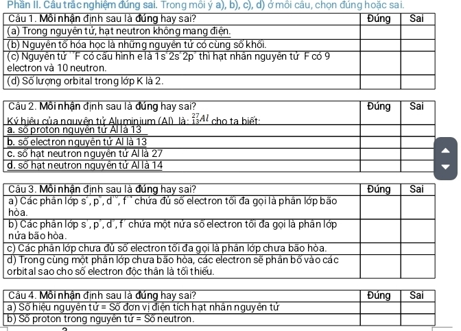 Phần II. Câu trắcnghiệm đúng sai. Trong mồi ý a), b), c), d) ở mồi câu, chọn đúng hoặc sai.