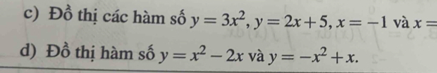 Đồ thị các hàm số y=3x^2, y=2x+5, x=-1 và x=
d) Đồ thị hàm số y=x^2-2x và y=-x^2+x.