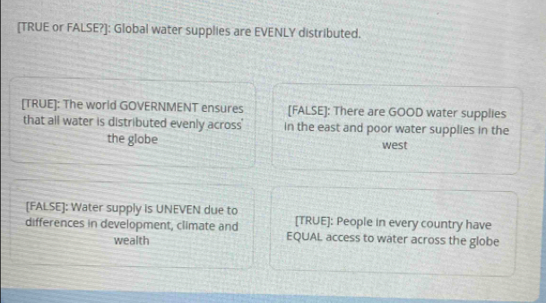 [TRUE or FALSE?]: Global water supplies are EVENLY distributed. 
[TRUE]: The world GOVERNMENT ensures [FALSE]: There are GOOD water supplies 
that all water is distributed evenly across' in the east and poor water supplies in the 
the globe west 
[FALSE]: Water supply is UNEVEN due to [TRUE]: People in every country have 
differences in development, climate and EQUAL access to water across the globe 
wealth