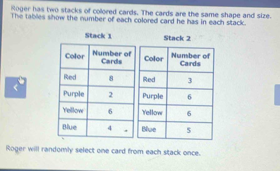 Solved: Roger has two stacks of colored cards. The cards are the same ...