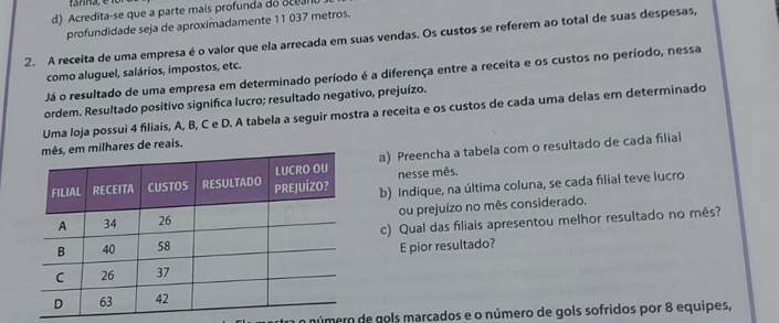 Acredita-se que a parte mais profunda do acearo 
profundidade seja de aproximadamente 11 037 metros. 
2. A receita de uma empresa é o valor que ela arrecada em suas vendas. Os custos se referem ao total de suas despesas, 
como aluguel, salários, impostos, etc. 
Já o resultado de uma empresa em determinado período é a diferença entre a receita e os custos no período, nessa 
ordem. Resultado positivo significa lucro; resultado negativo, prejuízo. 
Uma loja possui 4 filiais, A, B, C e D. A tabela a seguir mostra a receita e os custos de cada uma delas em determinado 
milhares de reais. 
a) Preencha a tabela com o resultado de cada filial 
nesse mês. 
b) Indique, na última coluna, se cada filial teve lucro 
ou prejuízo no mês considerado. 
c) Qual das filiais apresentou melhor resultado no mês? 
E pior resultado? 
número de gols marcados e o número de gols sofridos por 8 equipes,