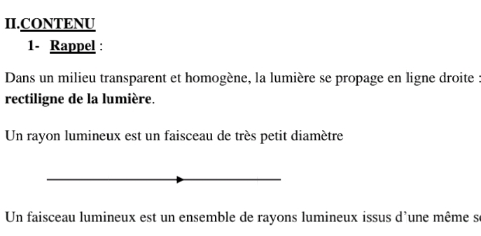 II.CONTENU 
1- Rappel : 
Dans un milieu transparent et homogène, la lumière se propage en ligne droite : 
rectiligne de la lumière. 
Un rayon lumineux est un faisceau de très petit diamètre 
Un faisceau lumineux est un ensemble de rayons lumineux issus d'une même se