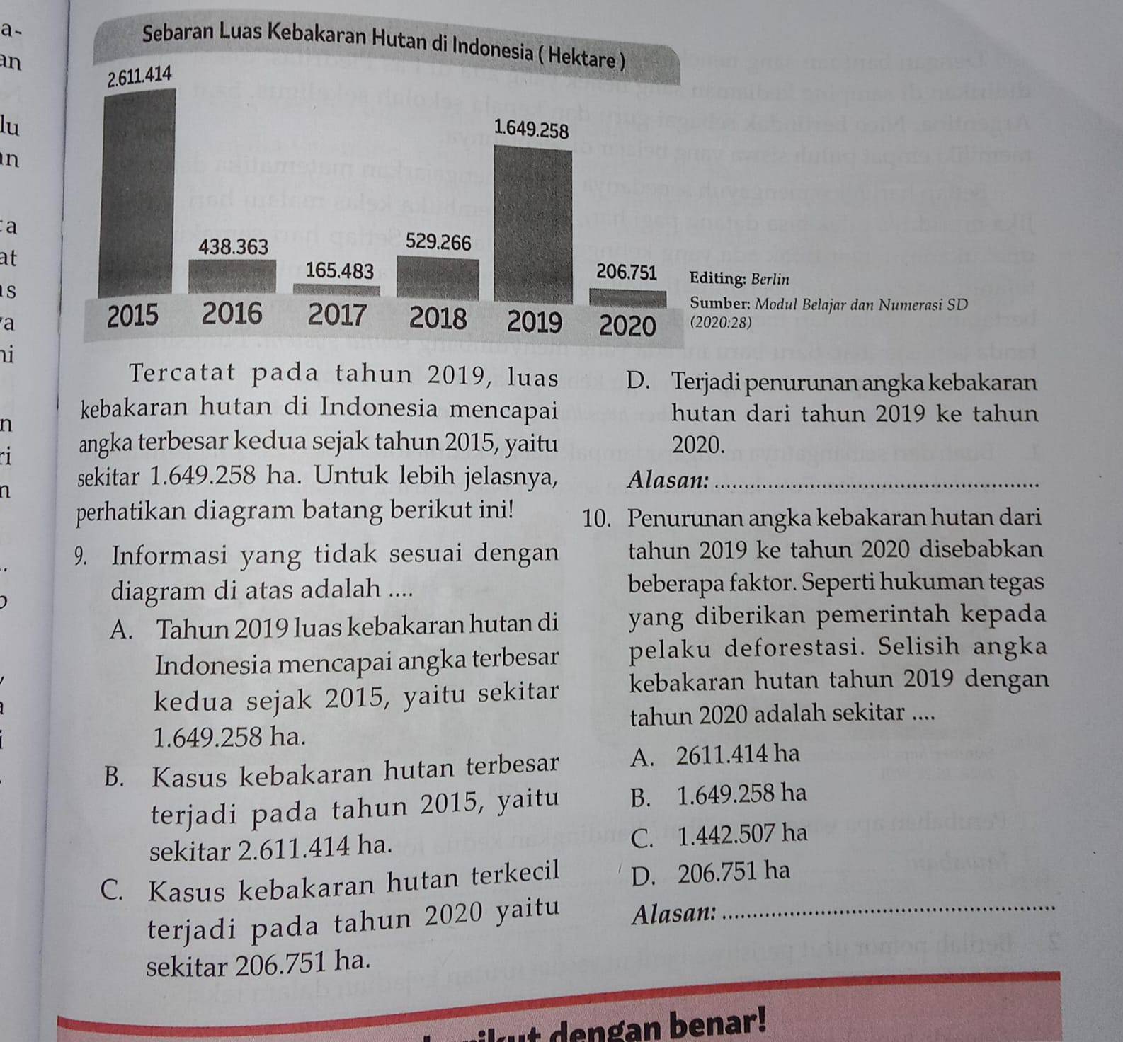 a-
an
lu 
n
a 
at
s
ajar dan Numerasi SD
a 
i
Tercatat pada tahun 2019, luas D. Terjadi penurunan angka kebakaran
kebakaran hutan di Indonesia mencapai hutan dari tahun 2019 ke tahun
n
angka terbesar kedua sejak tahun 2015, yaitu 2020.
n
sekitar 1.649.258 ha. Untuk lebih jelasnya, Alasan:_
perhatikan diagram batang berikut ini! 10. Penurunan angka kebakaran hutan dari
9. Informasi yang tidak sesuai dengan tahun 2019 ke tahun 2020 disebabkan
diagram di atas adalah .... beberapa faktor. Seperti hukuman tegas
A. Tahun 2019 luas kebakaran hutan di yang diberikan pemerintah kepada
Indonesia mencapai angka terbesar pelaku deforestasi. Selisih angka
kedua sejak 2015, yaitu sekitar kebakaran hutan tahun 2019 dengan
tahun 2020 adalah sekitar ....
1.649.258 ha.
B. Kasus kebakaran hutan terbesar A. 2611.414 ha
terjadi pada tahun 2015, yaitu B. 1.649.258 ha
sekitar 2.611.414 ha. C. 1.442.507 ha
C. Kasus kebakaran hutan terkecil D. 206.751 ha
terjadi pada tahun 2020 yaitu Alasan:_
sekitar 206.751 ha.
ut dengan benar!