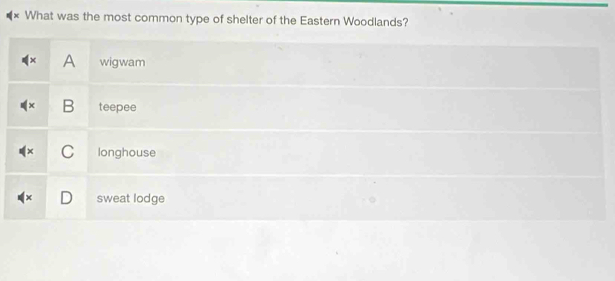 What was the most common type of shelter of the Eastern Woodlands?
A wigwam
B teepee
C longhouse
sweat lodge