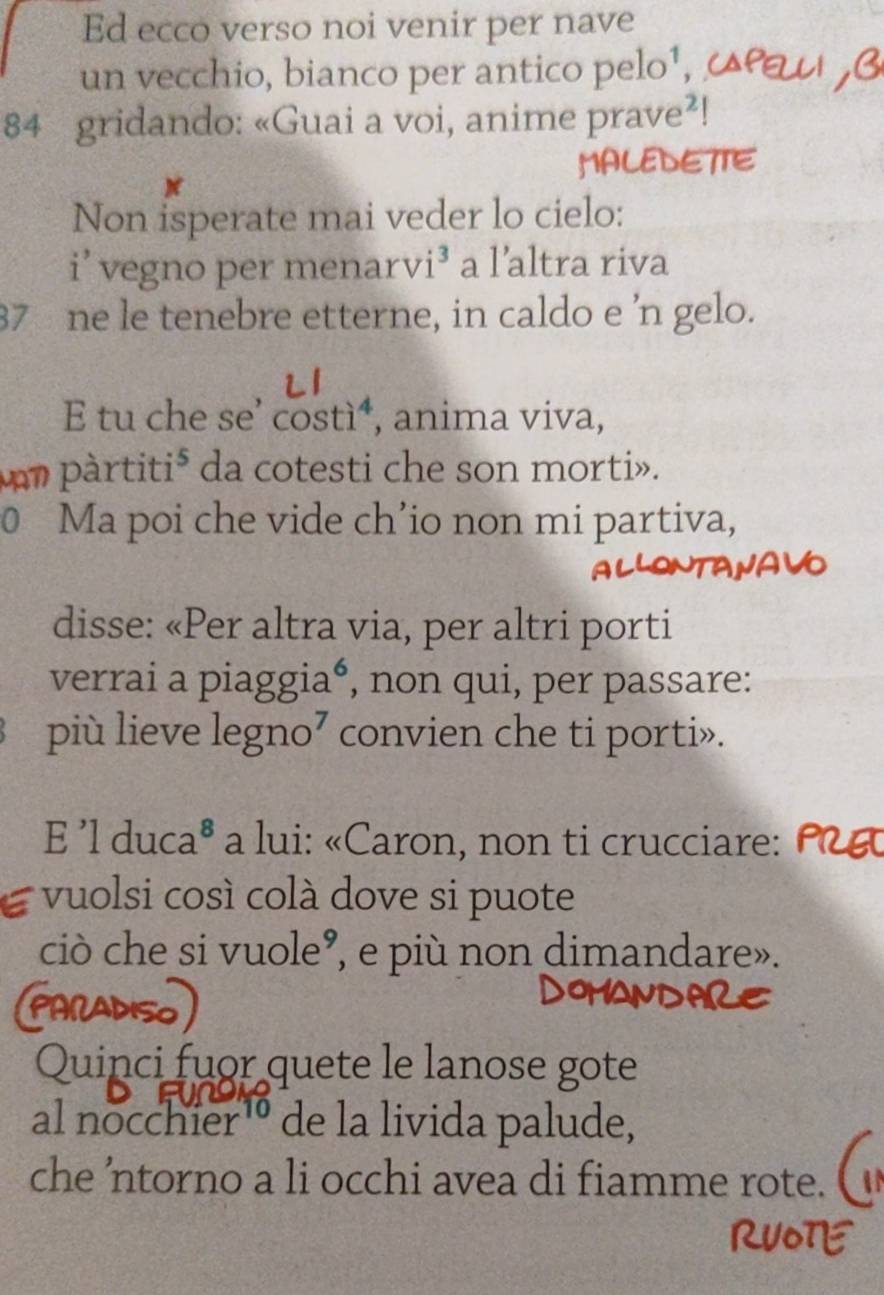 Ed ecco verso noi venir per nave 
un vecchio, bianco per antico pelo¹, 
84 gridando: «Guai a voi, anime prave²! 

DETTE 
Non isperate mai veder lo cielo: 
i’ vegno per menar vi^3 a l’altra riva
87 ne le tenebre etterne, in caldo e ’n gelo. 
E tu che se' cos ti^4 , anima viva, 
am pàrtiti* da cotesti che son morti». 
0 Ma poi che vide ch’io non mi partiva, 
disse: «Per altra via, per altri porti 
verrai a piag gia^6 , non qui, per passare: 
più lieve legn O^7 convien che ti porti». 
E ’l duca^8. a lui: «Caron, non ti crucciare: 
vuolsi così colà dove si puote 
ciò che si vuole°, e più non dimandare». 

Quinci fuor quete le lanose gote 
al nocchier™ de la livida palude, 
che 'ntorno a li occhi avea di fiamme rote.