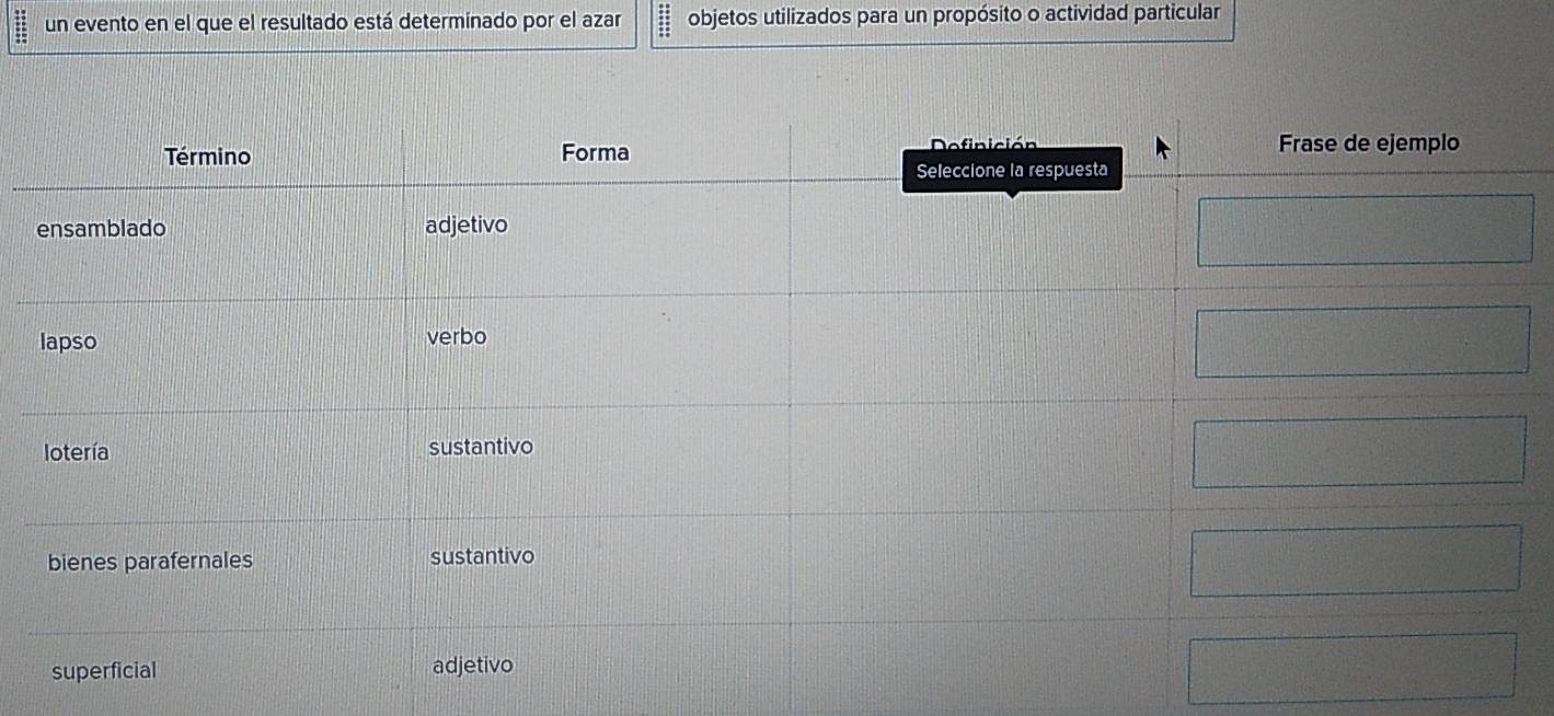 un evento en el que el resultado está determinado por el azar objetos utilizados para un propósito o actividad particular