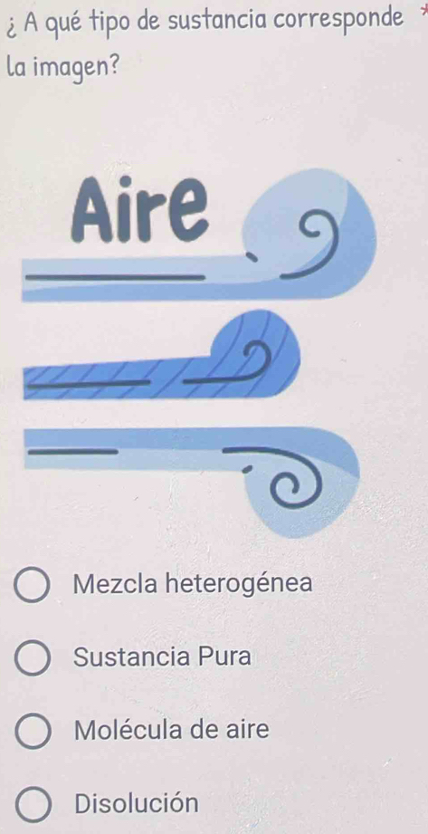 ¿ A qué tipo de sustancia corresponde 
la imagen?
Aire
Mezcla heterogénea
Sustancia Pura
Molécula de aire
Disolución