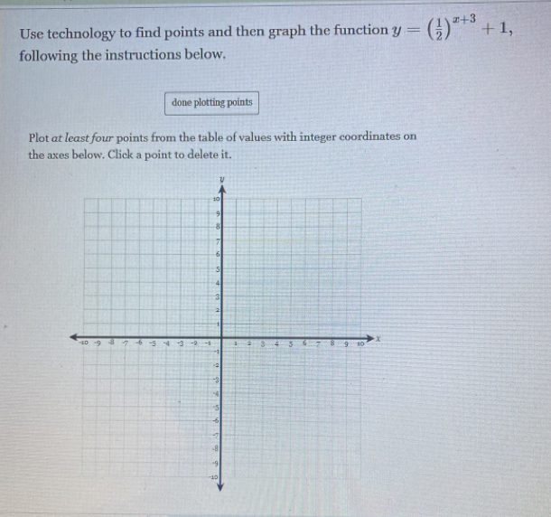 Use technology to find points and then graph the function y=( 1/2 )^x+3+1, 
following the instructions below. 
done plotting points 
Plot at least four points from the table of values with integer coordinates on 
the axes below. Click a point to delete it.