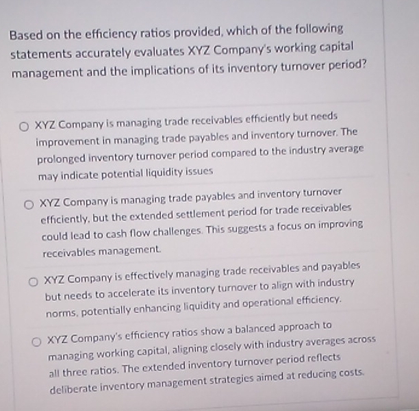 Based on the efficiency ratios provided, which of the following
statements accurately evaluates XYZ Company's working capital
management and the implications of its inventory turnover period?
XYZ Company is managing trade receivables efficiently but needs
improvement in managing trade payables and inventory turnover. The
prolonged inventory turnover period compared to the industry average
may indicate potential liquidity issues
XYZ Company is managing trade payables and inventory turnover
efficiently, but the extended settlement period for trade receivables
could lead to cash flow challenges. This suggests a focus on improving
receivables management.
XYZ Company is effectively managing trade receivables and payables
but needs to accelerate its inventory turnover to align with industry
norms, potentially enhancing liquidity and operational efficiency.
XYZ Company's efficiency ratios show a balanced approach to
managing working capital, aligning closely with industry averages across
all three ratios. The extended inventory turnover period reflects
deliberate inventory management strategies aimed at reducing costs.