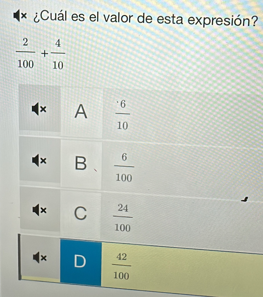 × ¿Cuál es el valor de esta expresión?
 2/100 + 4/10 