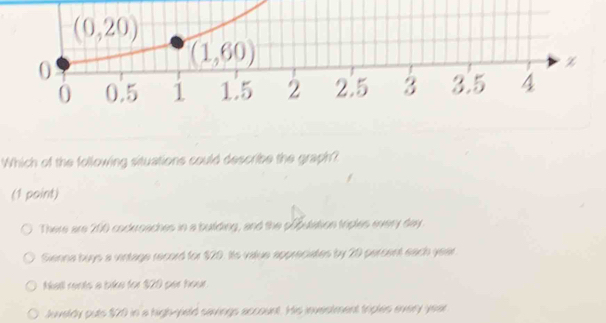 Which of the following situations could describe the graph?
(1 point)
There are 200 cockroaches in a butding, and the pfbutation triples every day.
Sienna buys a vintage record for $20. Its value appreciates by 20 percent each year
kall rents a bike for $20 per hour.
Juveldy puts $20 in a high-yeld savings account. His investment triples every year