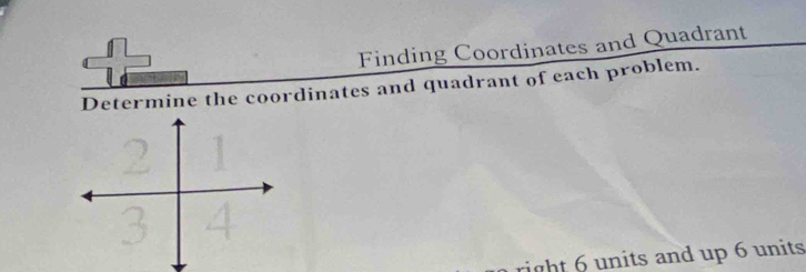 Finding Coordinates and Quadrant 
Determine the coordinates and quadrant of each problem. 
right 6 units and up 6 units