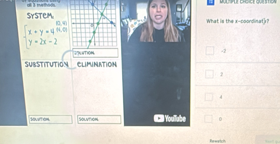 all 3 methods. MULTIPLE CHOICE QUESTION
SysteM:
(0,4)
What is the x -coordinat?
beginarrayl x+y=4(4,0) y=2x-2endarray.
=OLution -2
SUBSTITUTION CLIMINATION
2
4
SOLUTION. SOLUTION YouTube
0
Rewatch Kest qu