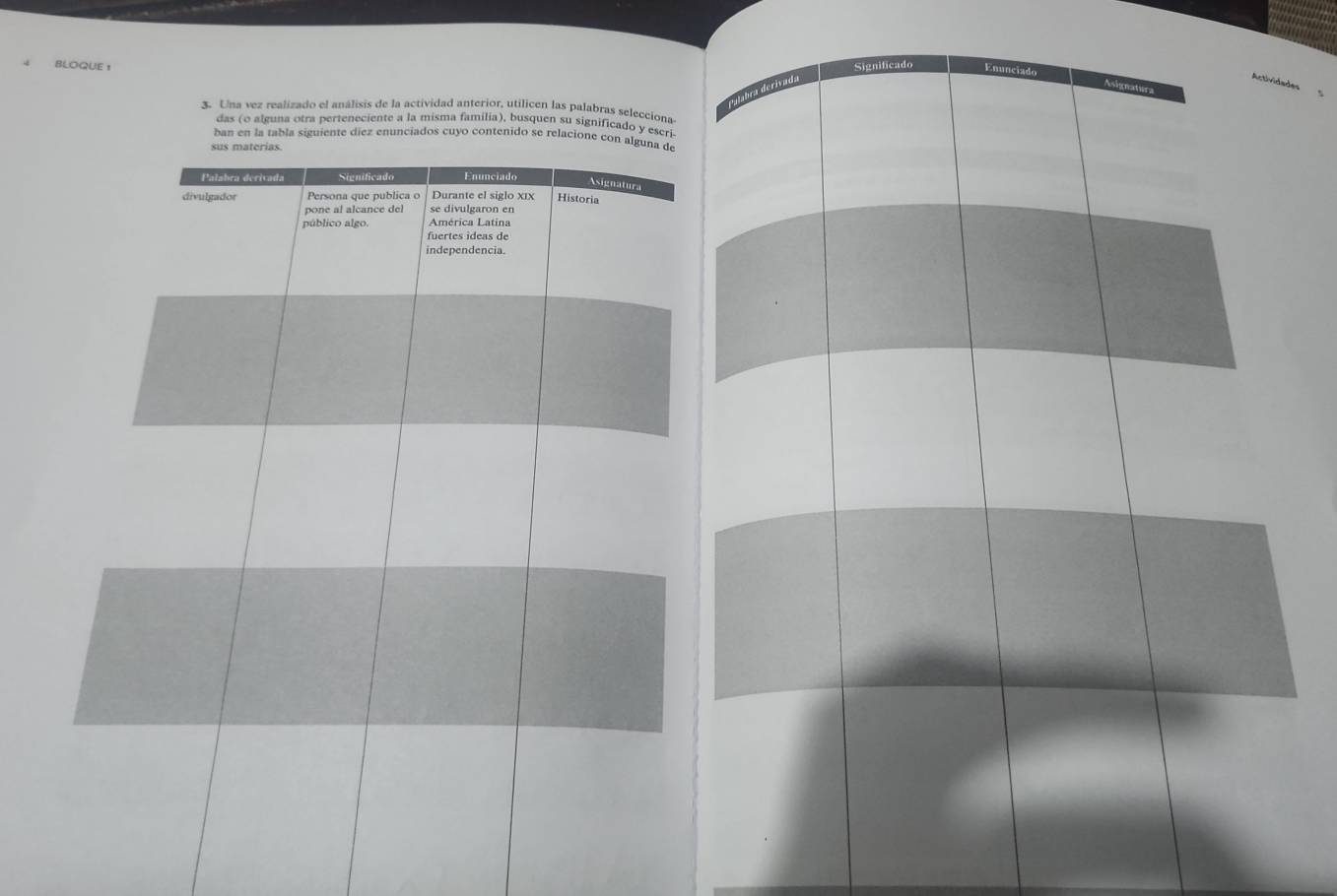 BLOQUE ! 
es 
3. Una vez realizado el análisis de la actividad anterior, utilicen las palabras selecciona 
das (o alguna otra perteneciente a la misma família), busquen su significado y escri 
ban en la tabla siguiente diez enunciados cuyo contenido se relacione