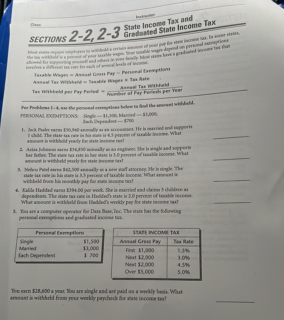 Solved: Instructor Class SECTIONS 2-2, 2-3 State Income Tax and ...