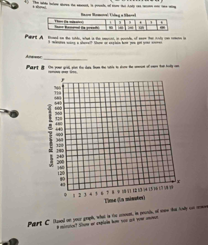 The table below shows the amount, in pounds, of snow that Andy can remove over time using 
a shovel. 
Snow Remova 
Part A Based on the table, what is the amount, in pounds, of seow that Andy can remove in
5 minutes using a shovel? Show or explain how you got your answer. 
_ 
Answer: 
Part B On your grid, plot the data from the table to show the amount of snow that Andy can 
removo over time. 
Part C Based on your graph, what is the amount, in pounds, of snow that Andy can rensove
9 minutes? Show or explain how you got your answer.