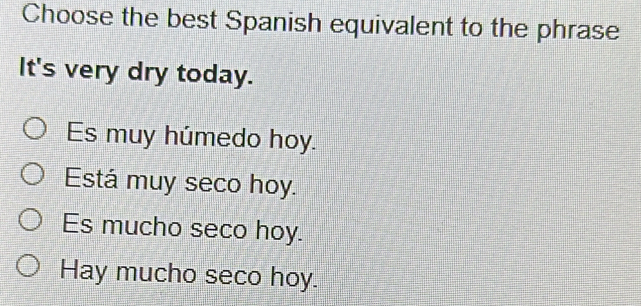 Choose the best Spanish equivalent to the phrase
It's very dry today.
Es muy húmedo hoy.
Está muy seco hoy.
Es mucho seco hoy.
Hay mucho seco hoy.