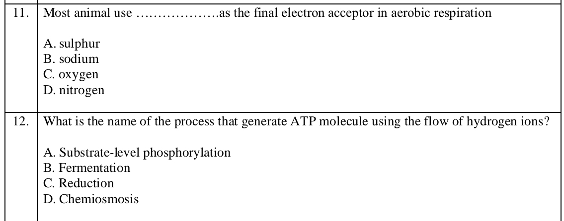 Most animal use _as the final electron acceptor in aerobic respiration
A. sulphur
B. sodium
C. oxygen
D. nitrogen
12. What is the name of the process that generate ATP molecule using the flow of hydrogen ions?
A. Substrate-level phosphorylation
B. Fermentation
C. Reduction
D. Chemiosmosis