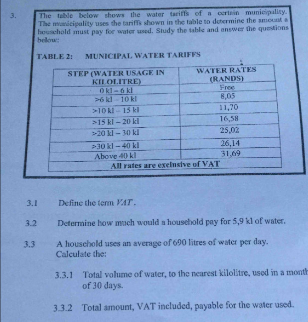 The table below shows the water tariffs of a certain municipality.
The municipality uses the tariffs shown in the table to determine the amount a
houschold must pay for water used. Study the table and answer the questions
below:
TABLE 2: MUNICIPAL WATER TARIFFS
3.1 Define the term VAT .
3.2 Determine how much would a household pay for 5,9 kl of water.
3.3 A household uses an average of 690 litres of water per day.
Calculate the:
3.3.1 Total volume of water, to the nearest kilolitre, used in a month
of 30 days.
3.3.2 Total amount, VAT included, payable for the water used.