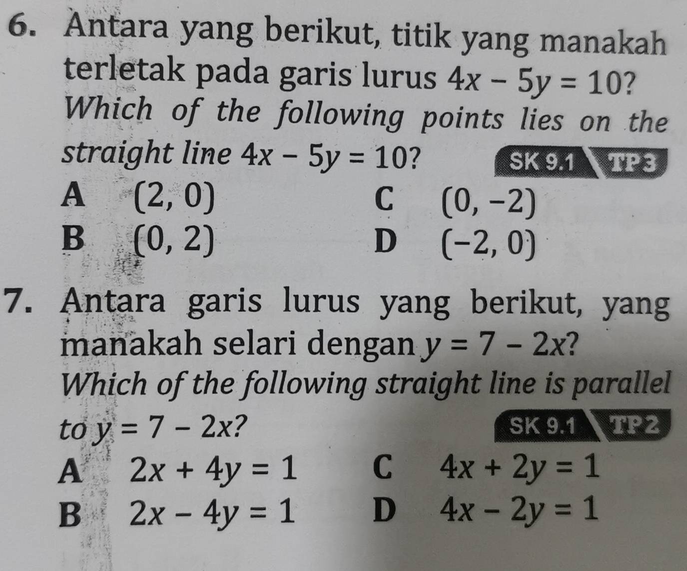 Antara yang berikut, titik yang manakah
terletak pada garis lurus 4x-5y=10 ?
Which of the following points lies on the
straight line 4x-5y=10 ? TP3
SK 9.1
A (2,0)
C (0,-2)
B (0,2)
D (-2,0)
7. Antara garis lurus yang berikut, yang
manakah selari dengan y=7-2x I
Which of the following straight line is parallel
to y=7-2x 2 SK 9.1 TP2
A 2x+4y=1
C 4x+2y=1
B 2x-4y=1
D 4x-2y=1