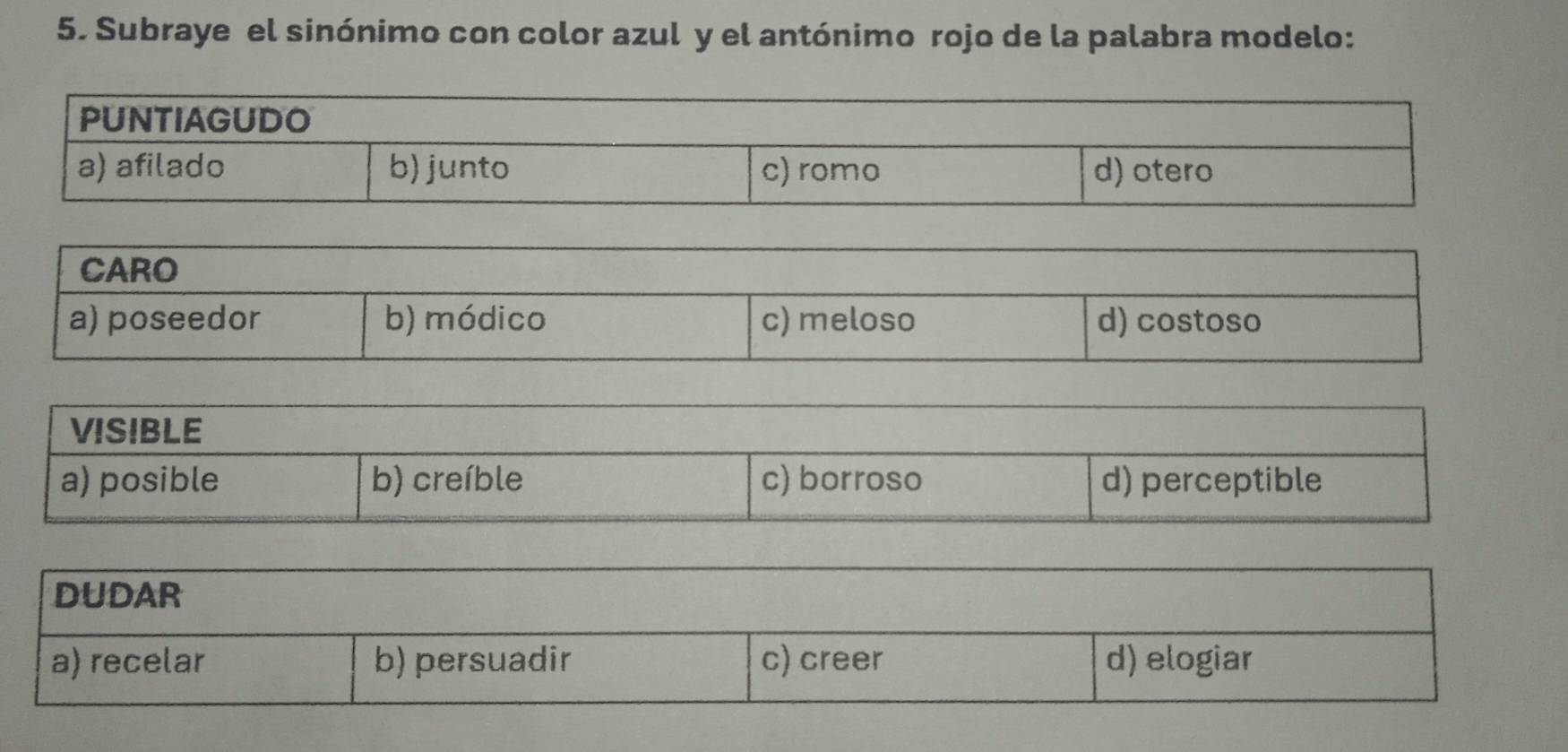 Subraye el sinónimo con color azul y el antónimo rojo de la palabra modelo:
CARO
a) poseedor b) módico c) meloso d) costoso
VISIBLE
a) posible b) creíble c) borroso d) perceptible