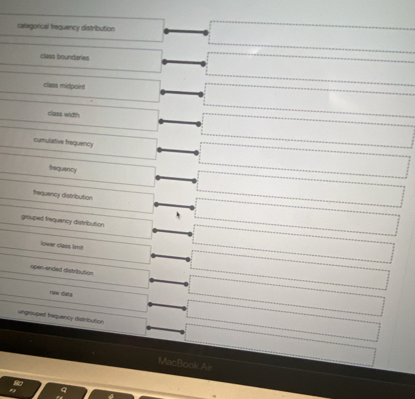 categorical frequency distribution
class boundaries
class midpoint
class width
cumulative frequency
frequency
frequency distribution
grouped frequency distribution
lower class limit
open-ended distribution
raw data
ungrouped frequency distribution
MacBook Air