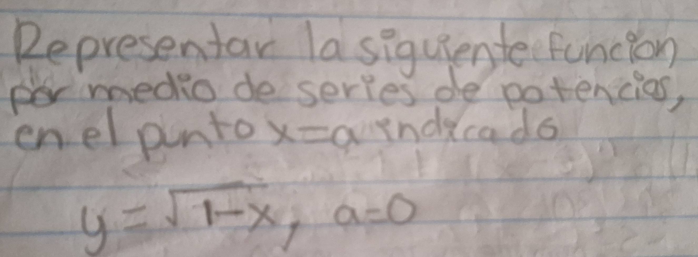 Representar asiquiente funcion 
per medio de series de potencies, 
enelpnto x=a inddcado
y=sqrt(1-x), a=0