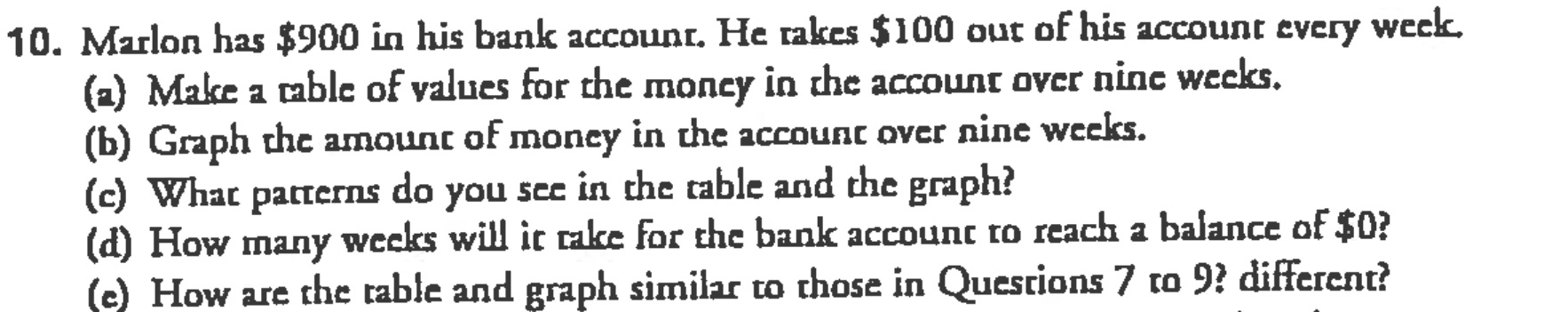 Marlon has $900 in his bank account. He takes $100 out of his account every week. 
(a) Make a table of values for the money in the account over nine weeks. 
(b) Graph the amount of money in the account over nine weeks. 
(c) What patterns do you see in the table and the graph? 
(d) How many weeks will it take for the bank account to reach a balance of $0? 
(e) How are the table and graph similar to those in Questions 7 to 9? different?