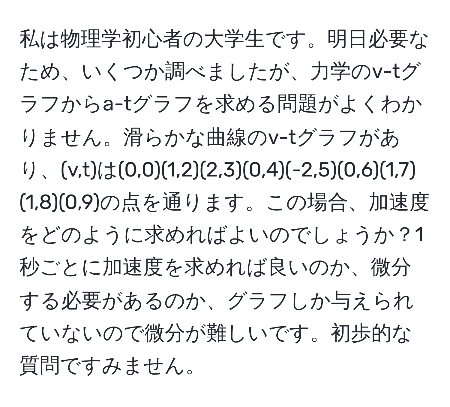 私は物理学初心者の大学生です。明日必要なため、いくつか調べましたが、力学のv-tグラフからa-tグラフを求める問題がよくわかりません。滑らかな曲線のv-tグラフがあり、(v,t)は(0,0)(1,2)(2,3)(0,4)(-2,5)(0,6)(1,7)(1,8)(0,9)の点を通ります。この場合、加速度をどのように求めればよいのでしょうか？1秒ごとに加速度を求めれば良いのか、微分する必要があるのか、グラフしか与えられていないので微分が難しいです。初歩的な質問ですみません。