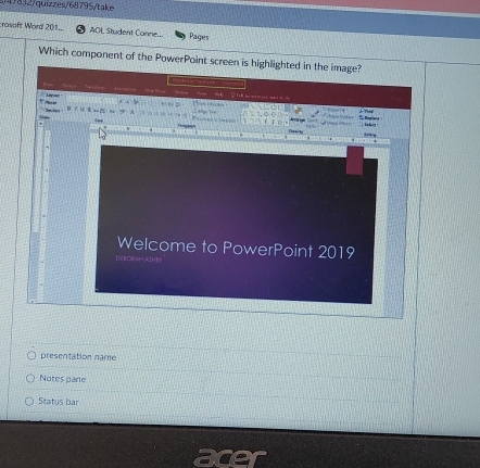 17832/quizzes/68795/take 
crosaft Word 201. AOL Student Conne.. Pagies 
Which component of the PowerPoint screen is highlighted in the image? 
Fre 
Lnlery 
Welcome to PowerPoint 2019 
DE BORAHAShIt 
presentation name 
Notes pane 
Status bar