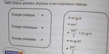 Relie chaque grandeur physique à son expression littérale. 
Énergie cinétique
m* g* h
mv^2
Énergie mécanique
 mv^2/2 +m* g* h
Énergie potentielle
m* g* h^2
Exercice
 mv^2/2 