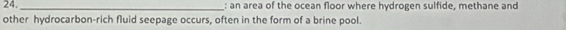 24._ : an area of the ocean floor where hydrogen sulfide, methane and 
other hydrocarbon-rich fluid seepage occurs, often in the form of a brine pool.