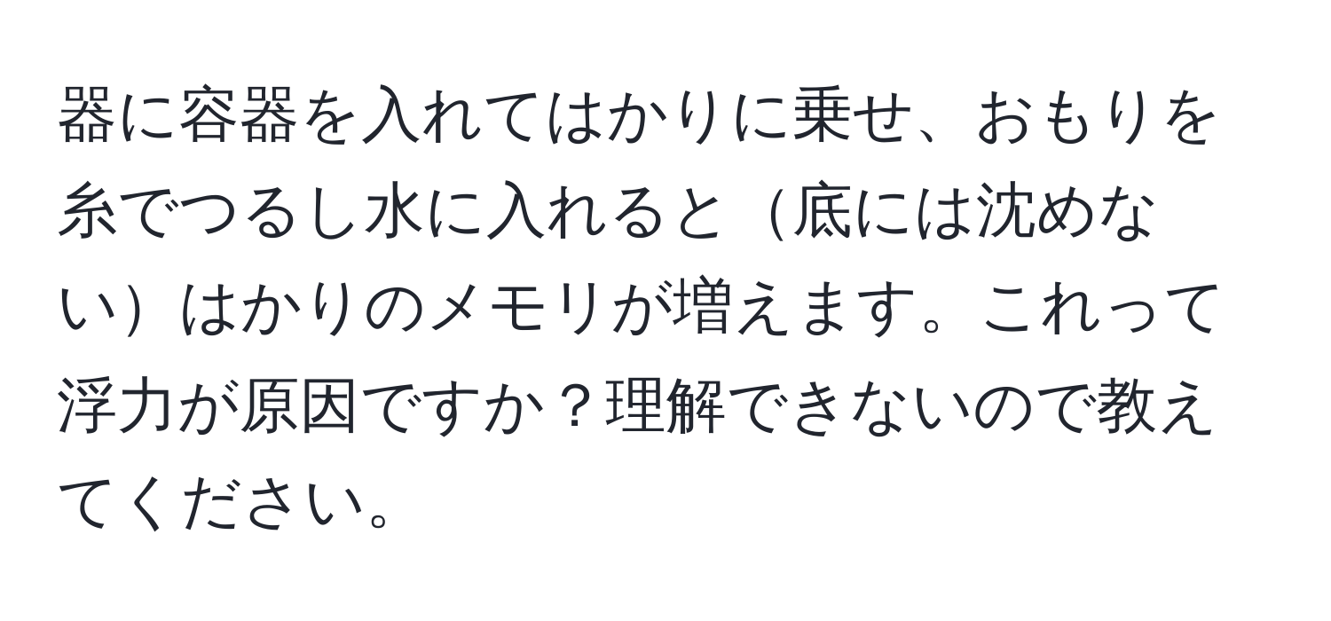 器に容器を入れてはかりに乗せ、おもりを糸でつるし水に入れると底には沈めないはかりのメモリが増えます。これって浮力が原因ですか？理解できないので教えてください。