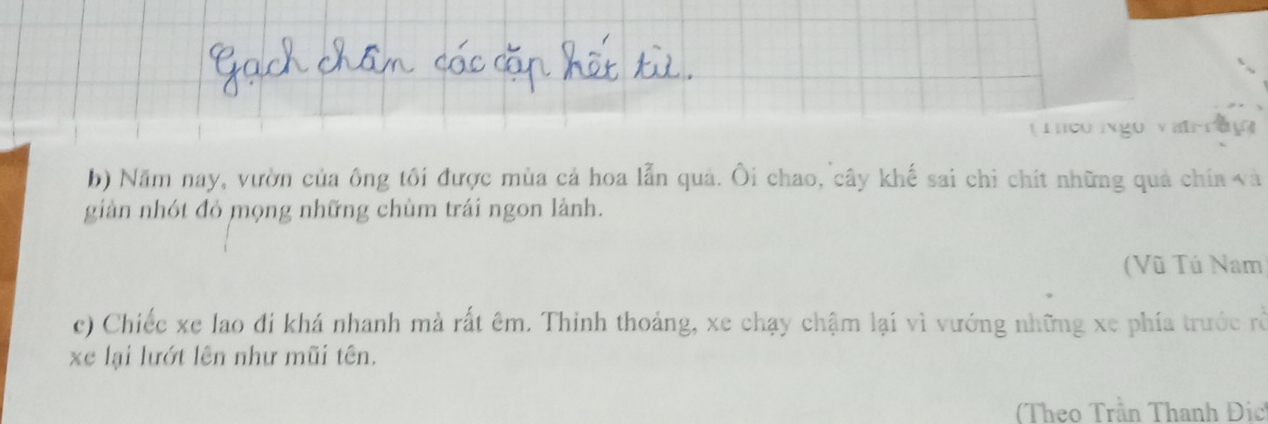 ( Tíco Ngo vatrraço 
b) Năm nay, vườn của ông tôi được mùa cả hoa lẫn quả. Ôi chao, cây khế sai chi chít những quả chia và 
giàn nhót đỏ mọng những chùm trái ngon lành. 
(Vũ Tú Nam 
c) Chiếc xe lao đi khá nhanh mà rất êm. Thinh thoảng, xe chạy chậm lại vì vướng những xe phía trước rò 
xe lại lướt lên như mũi tên. 
Theo Trần Thanh Đic