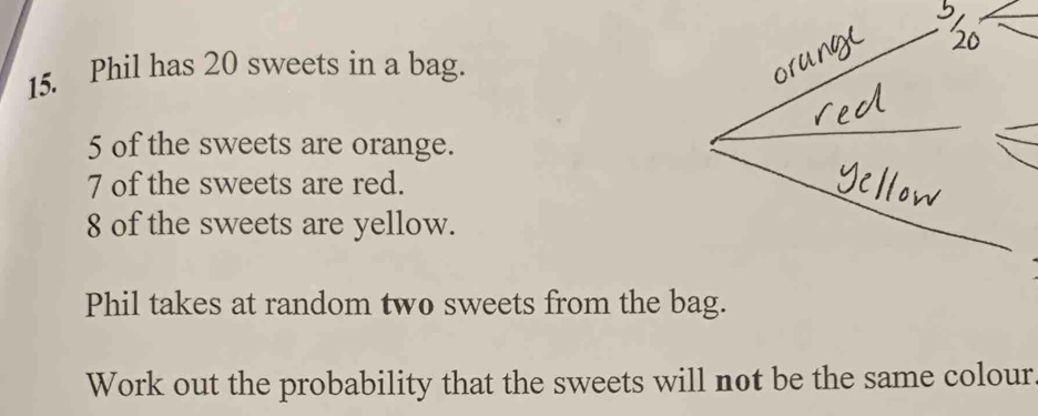 Phil has 20 sweets in a bag.
5 of the sweets are orange.
7 of the sweets are red.
8 of the sweets are yellow. 
Phil takes at random two sweets from the bag. 
Work out the probability that the sweets will not be the same colour