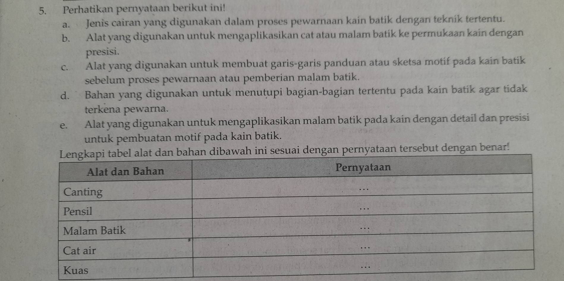 Perhatikan pernyataan berikut ini!
a. Jenis cairan yang digunakan dalam proses pewarnaan kain batik dengan teknik tertentu.
b. Alat yang digunakan untuk mengaplikasikan cat atau malam batik ke permukaan kain dengan
presisi.
c. Alat yang digunakan untuk membuat garis-garis panduan atau sketsa motif pada kain batik
sebelum proses pewarnaan atau pemberian malam batik.
d. ` Bahan yang digunakan untuk menutupi bagian-bagian tertentu pada kain batik agar tidak
terkena pewarna.
e. Alat yang digunakan untuk mengaplikasikan malam batik pada kain dengan detail dan presisi
untuk pembuatan motif pada kain batik.
nyataan tersebut dengan benar!