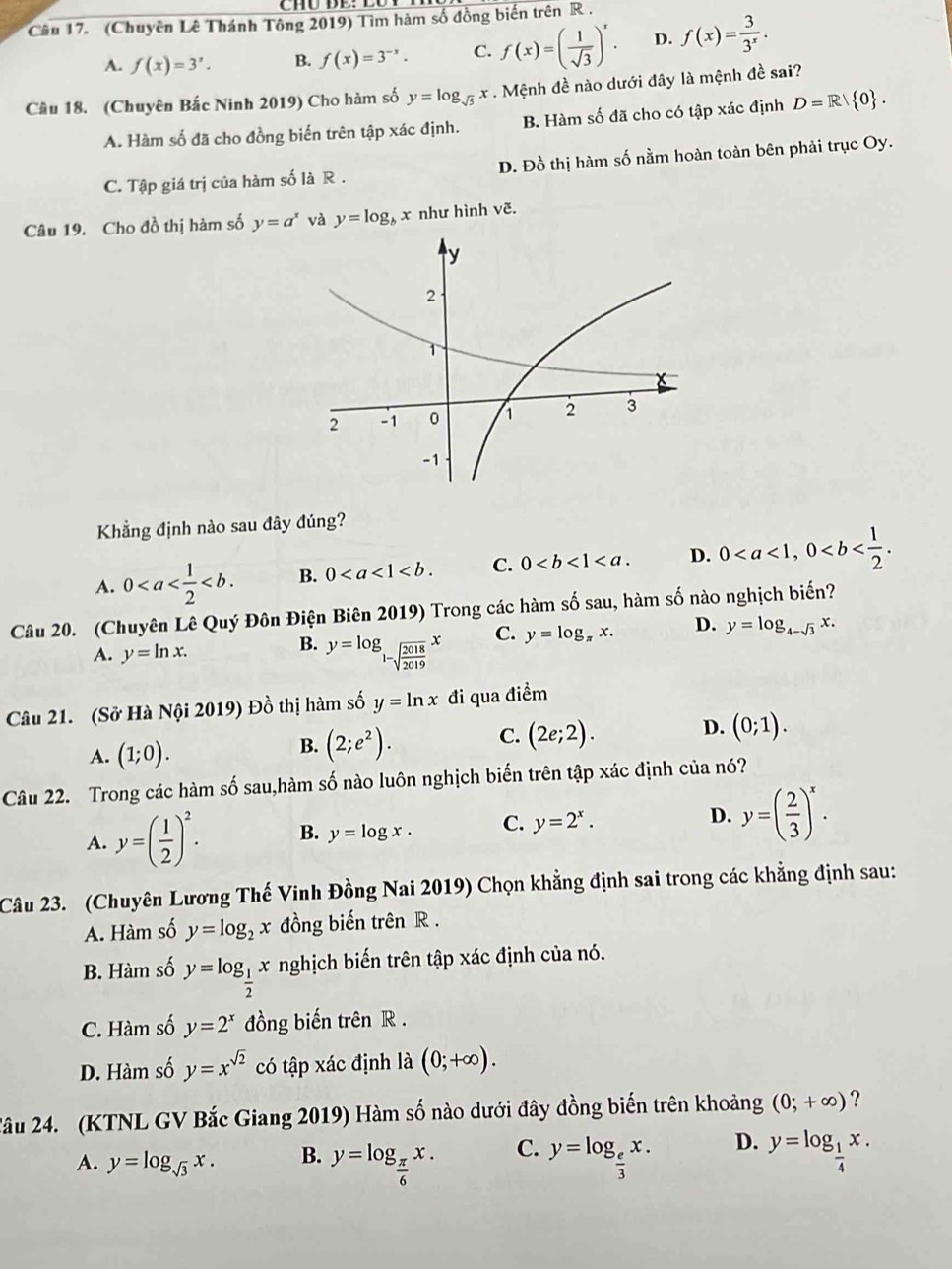 (Chuyên Lê Thánh Tông 2019) Tìm hàm số đồng biến trên R .
A. f(x)=3^x. B. f(x)=3^(-x). C. f(x)=( 1/sqrt(3) )^x. D. f(x)= 3/3^x .
Cầu 18. (Chuyên Bắc Ninh 2019) Cho hàm số y=log _sqrt(5)x. Mệnh đề nào dưới đây là mệnh đề sai?
A. Hàm số đã cho đồng biến trên tập xác định. B. Hàm số đã cho có tập xác định D=R/ 0 .
C. Tập giá trị của hàm số là R . D. Đồ thị hàm số nằm hoàn toàn bên phải trục Oy.
Câu 19. Cho đồ thị hàm số y=a^x và y=log _b x như hình vẽ.
Khẳng định nào sau đây đúng?
A. 0 B. 0 C. 0 D. 0
Câu 20. (Chuyên Lê Quý Đôn Điện Biên 2019) Trong các hàm số sau, hàm số nào nghịch biến?
A. y=ln x. y=log _1-sqrt(frac 2018)2019x C. y=log _π x. D. y=log _4-sqrt(3)x.
B.
Câu 21. (Sở Hà Nội 2019) Đồ thị hàm số y=ln x đi qua điểm
A. (1;0).
B. (2;e^2). C. (2e;2). D. (0;1).
Câu 22. Trong các hàm số sau,hàm số nào luôn nghịch biến trên tập xác định của nó?
A. y=( 1/2 )^2. B. y=log x. C. y=2^x. D. y=( 2/3 )^x.
Câu 23. (Chuyên Lương Thế Vinh Đồng Nai 2019) Chọn khẳng định sai trong các khẳng định sau:
A. Hàm số y=log _2x đồng biến trên R .
B. Hàm số y=log _ 1/2 x nghịch biến trên tập xác định của nó.
C. Hàm số y=2^x đồng biến trên R .
D. Hàm số y=x^(sqrt(2)) có tập xác định là (0;+∈fty ).
2âu 24. (KTNL GV Bắc Giang 2019) Hàm số nào dưới đây đồng biến trên khoảng (0;+∈fty ) ?
A. y=log _sqrt(3)x. B. y=log _ π /6 x. C. y=log _ e/3 x. D. y=log _ 1/4 x.