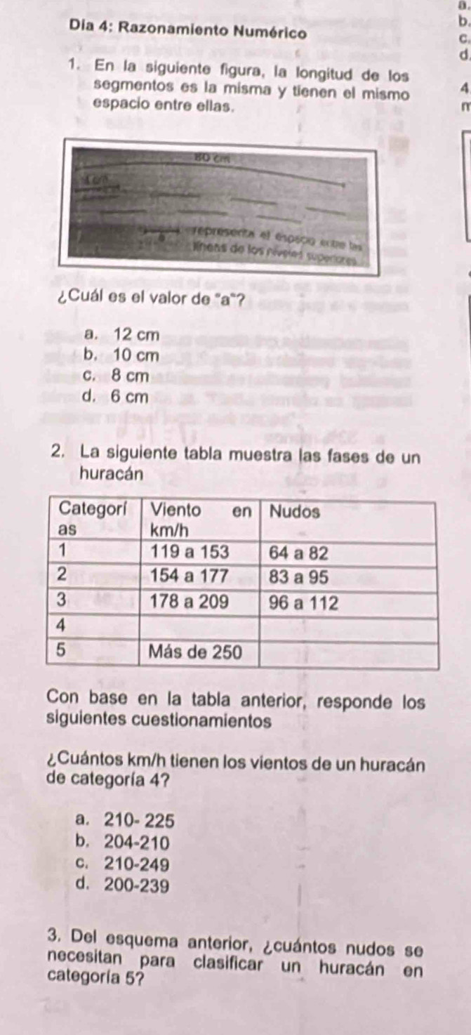 a
b.
Dia 4: Razonamiento Numérico C.
d
1. En la siguiente figura, la longitud de los
segmentos es la misma y tienen el mismo 4
espacio entre ellas. n
80 cm
epresenta el especio entre las
íneas de los ríveles superíores
¿Cuál es el valor de "a"?
a. 12 cm
b. 10 cm
c. 8 cm
d. 6 cm
2. La siguiente tabla muestra las fases de un
huracán
Con base en la tabla anterior, responde los
siguientes cuestionamientos
¿Cuántos km/h tienen los vientos de un huracán
de categoría 4?
a. 210- 225
b. 204-210
c. 210-249
d. 200-239
3. Del esquema anterior, ¿cuántos nudos se
necesitan para clasificar un huracán en
categoría 5?