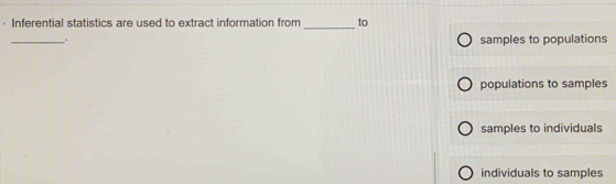 Inferential statistics are used to extract information from _to
_.
samples to populations
populations to samples
samples to individuals
individuals to samples