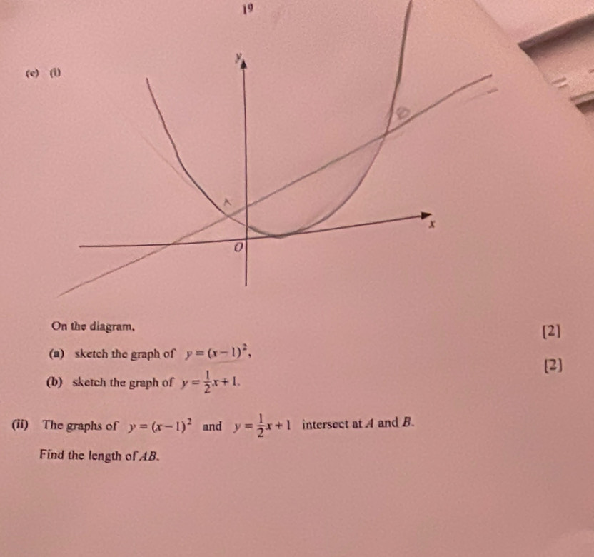 19 
( 
On the diagram, 
[2] 
(a) sketch the graph of y=(x-1)^2, 
[2] 
(b) sketch the graph of y= 1/2 x+1. 
(ii) The graphs of y=(x-1)^2 and y= 1/2 x+1 intersect at A and B. 
Find the length of AB.