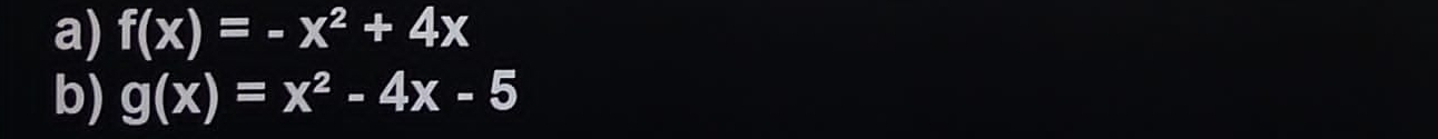 f(x)=-x^2+4x
b) g(x)=x^2-4x-5