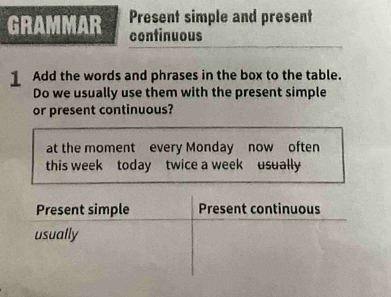 GRAMMAR Present simple and present 
continuous 
Add the words and phrases in the box to the table. 
Do we usually use them with the present simple 
or present continuous? 
at the moment every Monday now often 
this week today twice a week usually